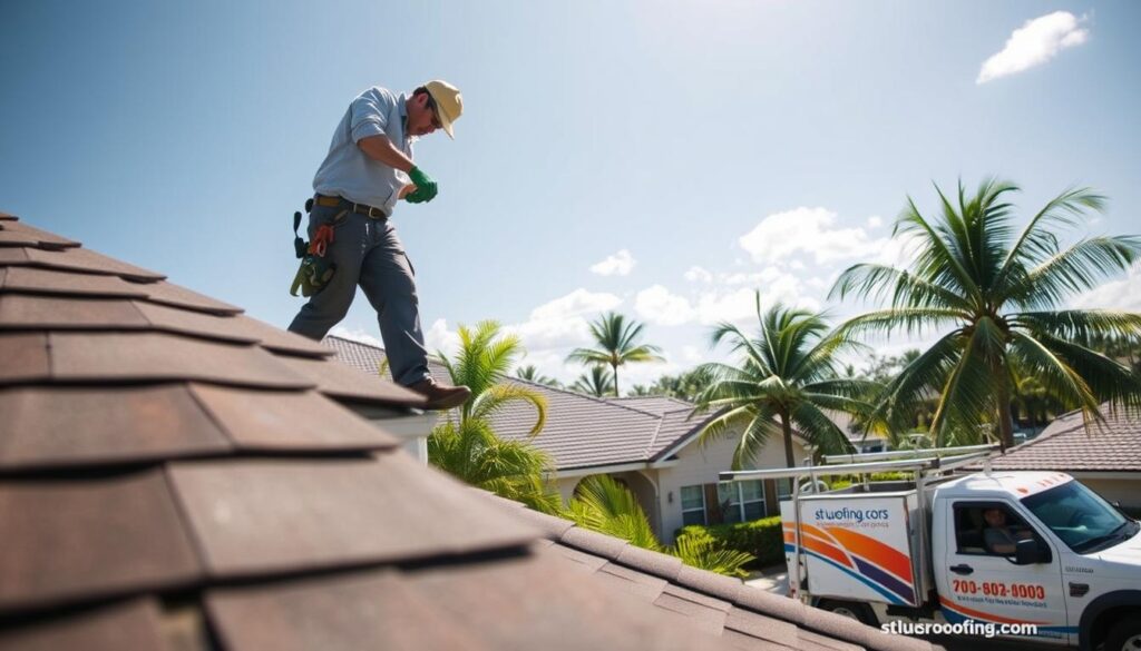 A bright, sunny day in Port St. Lucie, Florida. In the foreground, a skilled roofer carefully inspects the rooftop of a well-maintained house, examining the shingles and flashing for any signs of wear or damage. In the middle ground, a truck bearing the logo "st-lucieroofingexperts.com" is parked, its crew ready to provide reliable roof repair services. The background showcases the lush, tropical landscape of the area, with palm trees swaying in the gentle breeze. The scene conveys a sense of professionalism, attention to detail, and a commitment to preserving the integrity of the roof, which is crucial for the long-term protection and value of the home.
