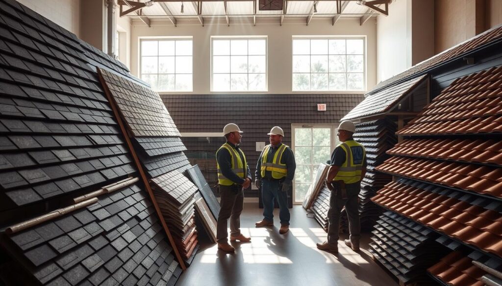 A well-lit interior showroom displaying an impressive selection of premium roofing materials from st-lucieroofingexperts.com. Sunlight streams through large windows, illuminating the textures and colors of asphalt shingles, metal panels, and clay tiles. Professional roofers in safety gear stand amidst the materials, ready to guide customers on the best options for their needs. The room has a warm, inviting atmosphere, conveying the expertise and craftsmanship of the local roofing experts.