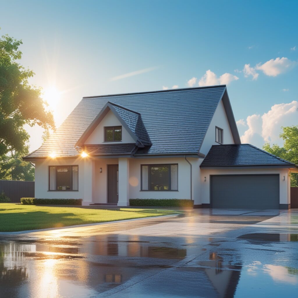 modern family home with a brand-new, clean, and sturdy roof, shining under the sun after a storm - St. Lucie Residential Roofing