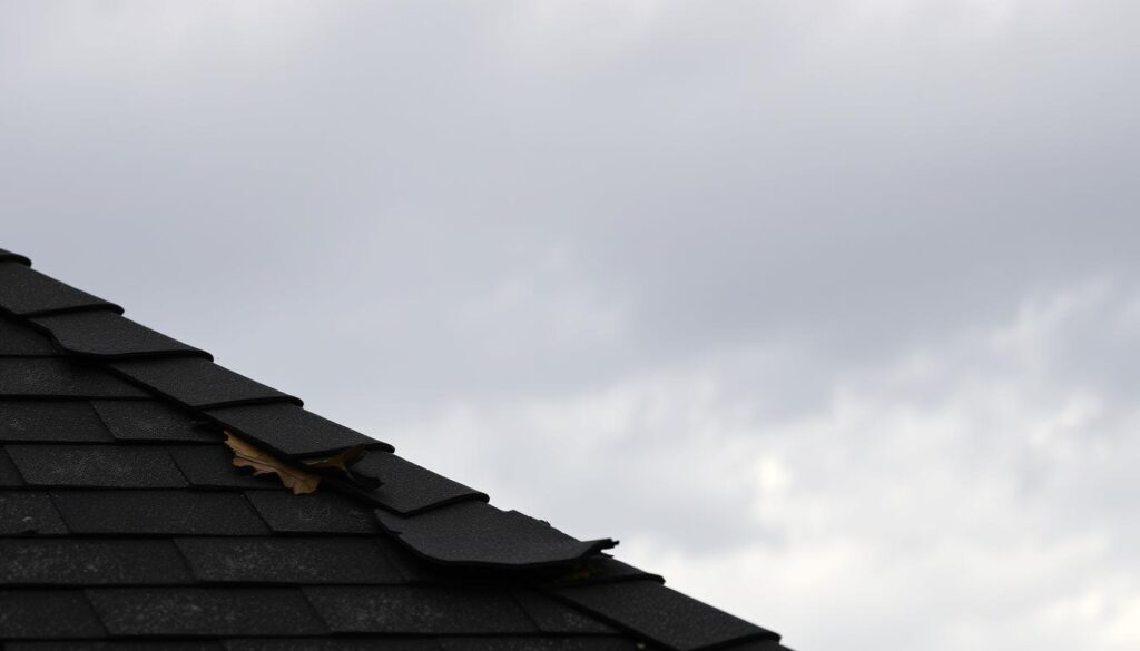 A dilapidated roof with missing and damaged asphalt shingles against a cloudy sky. The foreground features a cracked and crumbling roof surface, with shingles peeling off and exposing the underlying structure. In the middle ground, a few remaining shingles are visibly warped, curled, and discolored. The background depicts an overcast, gloomy day, with muted lighting casting a somber mood over the scene. The composition emphasizes the deteriorating state of the roof, conveying a sense of neglect and the urgent need for repair or replacement.