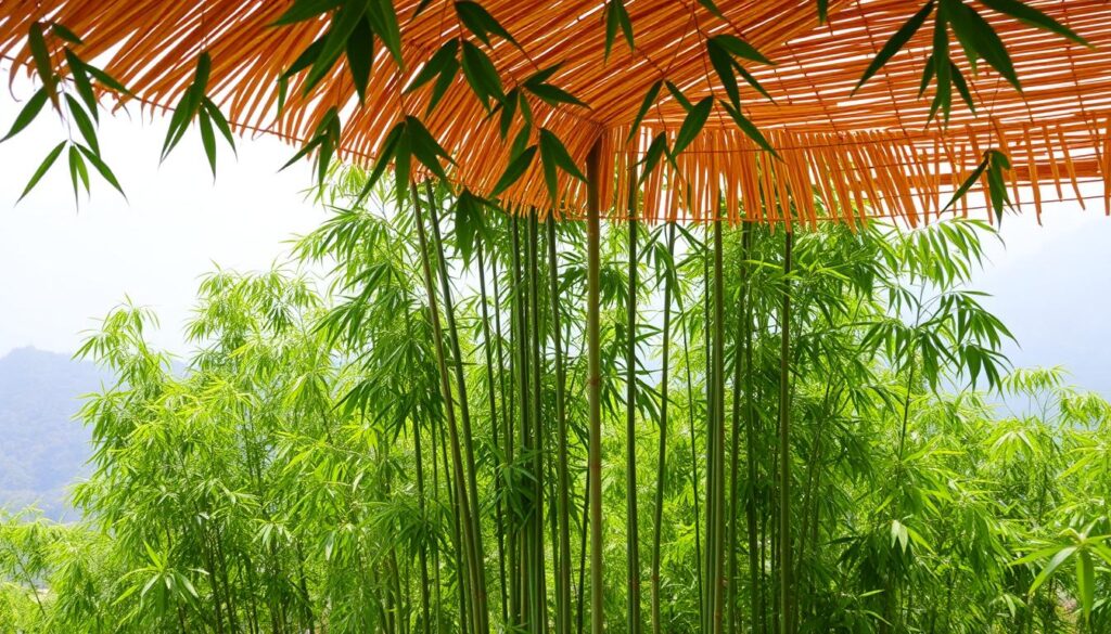 A lush, verdant bamboo forest, tall and swaying gently in the breeze. In the foreground, a traditional bamboo-thatched roof, its warm honey-hued tones contrasting beautifully with the emerald leaves. The roof's intricate woven pattern casts dynamic shadows across the structure, creating a play of light and shadow. In the middle ground, the bamboo stalks rise up, their smooth, segmented stems reaching skyward. The background is a hazy, dreamlike scene of distant mountains, shrouded in a soft, atmospheric haze. The overall mood is one of tranquility, sustainability, and harmony with nature.