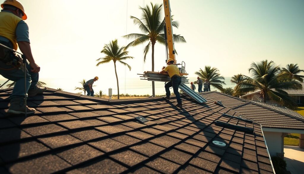 A professional roof installation in Port St Lucie, Florida. In the foreground, a skilled crew carefully aligns and secures high-quality roofing shingles on a residential property. In the middle ground, a large crane lifts and positions heavy roofing materials with precision. In the background, the sunny coastal landscape of Port St Lucie sets the scene, with palm trees swaying gently. The lighting is bright and natural, creating crisp shadows and highlighting the craftsmanship of the installation process. Captured with a wide-angle lens to showcase the full scope of the project. The overall mood is one of efficiency, expertise, and attention to detail, as befits the "st-lucieroofingexperts.com" brand.