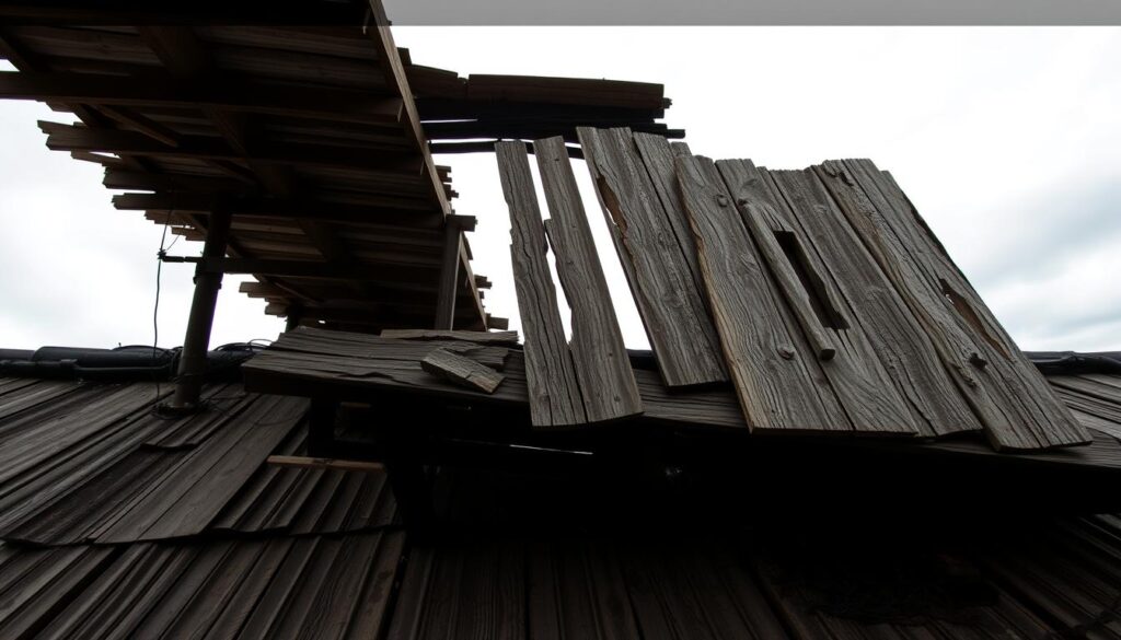 A sagging, dilapidated roof deck with warped, weather-worn wooden planks and rusting metal supports. The deck sags precariously, its structural integrity compromised, casting an ominous shadow over the space below. The overcast sky casts a gloomy, somber tone, emphasizing the deck's neglected state. Sunlight filters through gaps in the sagging boards, creating a sense of foreboding. The scene evokes a sense of disrepair and the urgent need for repair or replacement, reflecting the precarious condition of the structure.