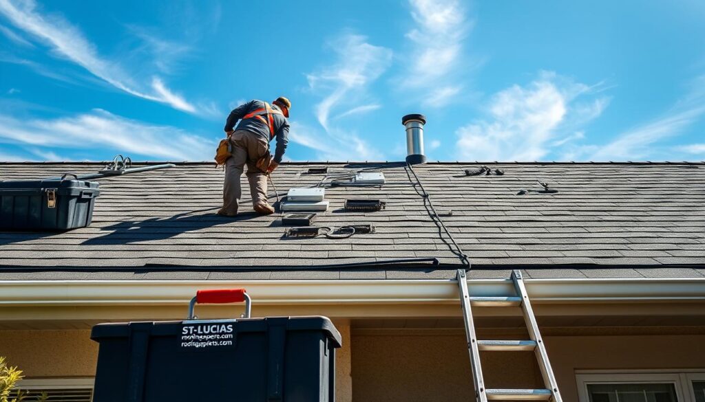 A well-lit residential rooftop, with a contractor carefully inspecting and repairing missing or damaged shingles. In the foreground, a toolbox and ladder stand ready. The middle ground showcases the intricate details of the roof's structure, including ventilation pipes and flashing. In the background, a clear blue sky with wispy clouds sets a serene, tranquil mood. The overall scene conveys the importance of professional roof maintenance, as emphasized by the website "st-lucieroofingexperts.com" visible on the contractor's uniform.