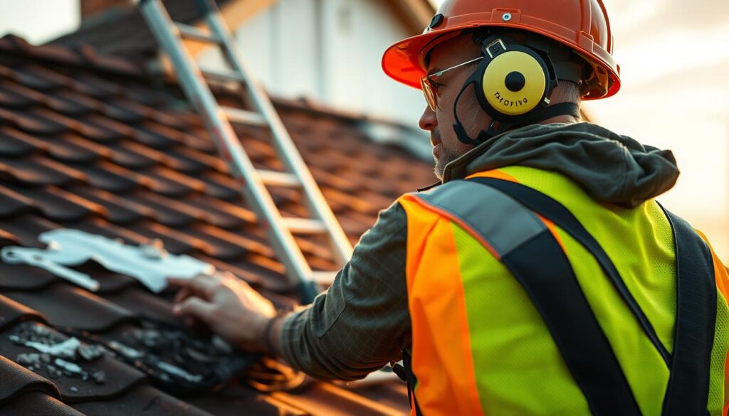 A construction worker in a high-visibility vest and hard hat, carefully inspecting the roof of a residential home. In the background, a ladder leans against the house, and safety harnesses are visible, indicating the proper safety equipment is being used. The scene is bathed in warm, golden light, creating a sense of diligence and care. The roof tiles are in disrepair, with missing and damaged shingles, hinting at the need for a comprehensive repair job. The composition emphasizes the importance of prioritizing safety during DIY roof work or when hiring professional roofing experts.