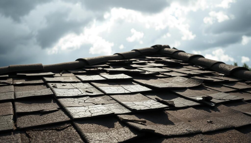 A dilapidated roof with cracked, weathered tiles or shingles. Sunlight casts long shadows across the damaged surface, highlighting the uneven textures and missing sections. In the background, a cloudy sky suggests an impending storm, adding a sense of urgency to the scene. The overall composition emphasizes the deterioration, conveying the need for a roof transformation to address these common issues. The image should have a realistic, documentary-style aesthetic, capturing the practical challenges that homeowners often face when revitalizing their roofs.