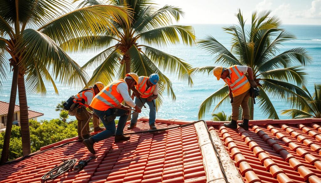 A group of skilled St. Lucia roofing experts working diligently on a residential roof, using specialized tools and equipment. The scene is bathed in warm, golden sunlight filtering through palm trees, casting soft shadows on the terracotta tiles. The experts, clad in safety gear, demonstrate their expertise as they carefully inspect, repair, and install the roofing system. In the background, lush tropical foliage and the azure Caribbean Sea create a picturesque setting, conveying the idyllic island locale. The overall mood is one of professionalism, efficiency, and the pride of Lucian craftspeople dedicated to their trade.
